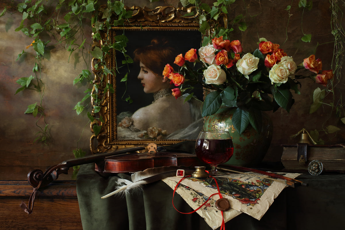 aluminium-print-still-life-with-violin-and-flowers-ii